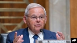 FILE - Sen. Bob Menendez, D-N.J., chair of the Senate Foreign Relations Committee, speaks during a committee hearing on Capitol Hill, March 22, 2023. Menendez and his wife have been indicted on charges of bribery.