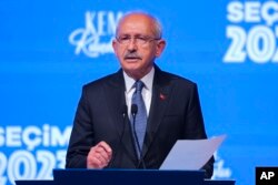 Kemal Kilicdaroglu, the 74-year-old leader of the center-left, pro-secular Republican People's Party (CHP) speaks at the party's headquarters in Ankara, Turkey, May 14, 2023.