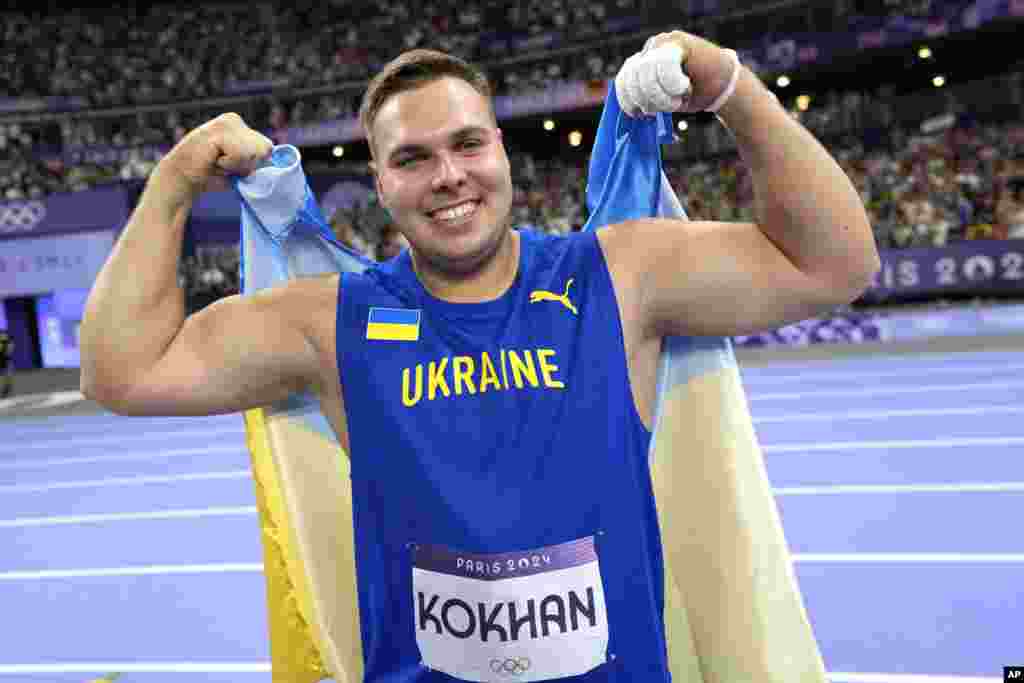 Mykhaylo Kokhan, de Ucrania, reacciona después de su tercer lugar en la final del martillo masculino en los Juegos Olímpicos de 2024, el domingo 4 de agosto de 2024, en Saint-Denis, Francia.&nbsp;