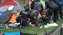 Policija skida šatore i privodi demonstrante na Univerzitetu Virginije 4. maja 2024. u Charlottesvilleu.