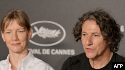 British director Jonathan Glazer speaks during a press conference with German actress Sandra Hueller for the film 'The Zone Of Interest' during the 76th edition of the Cannes Film Festival in Cannes, southern France, on May 20, 2023.