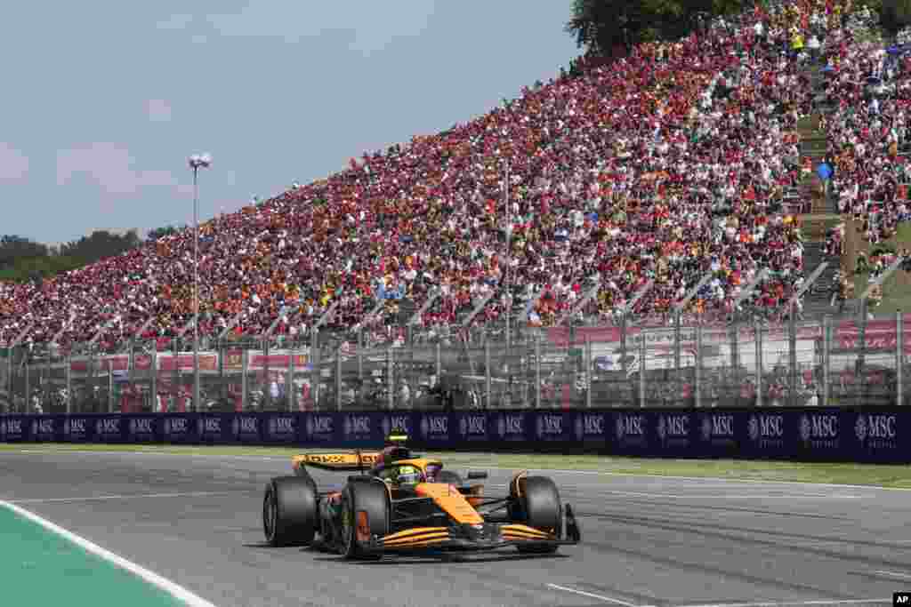 McLaren driver Lando Norris of Britain steers his car during the Italy&#39;s Emilia Romagna Formula One Grand Prix race at the Dino and Enzo Ferrari racetrack in Imola.