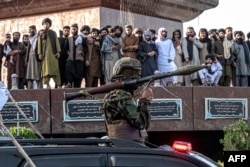 Men watch as an armed Taliban security personnel rides a vehicle convoy as during a parade in Kabul on Aug. 15, 2023, as Taliban celebrates the second anniversary of their takeover.