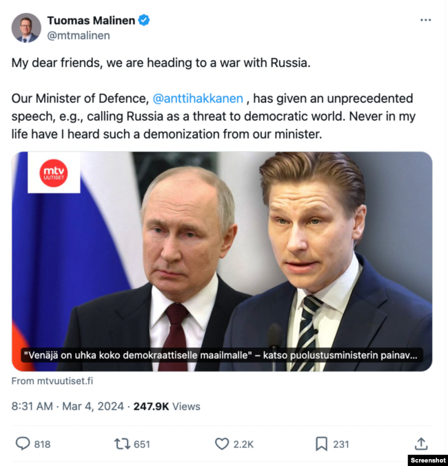 Публікація, яка неправдиво характеризує промову міністра оборони Фінляндії Аннті Хаканена, в якій описується історія агресії Росії проти України та інших країн, таких як Грузія, як еквівалент "прямування до війни з Росією". Фото: X