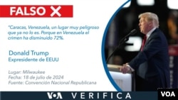 En su discurso de aceptación a la nominación republicana, el expresidente Donald Trump brindó datos falsos sobre los motivos de la disminución de la criminalidad en Venezuela. Diseño: Mila Cruz.