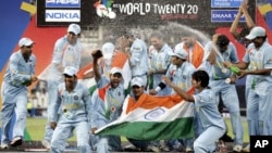 FILE - Indian players celebrate after beating Pakistan during T20 World Championship Cricket competition in Johannesburg, South Africa, Sept. 24, 2007.