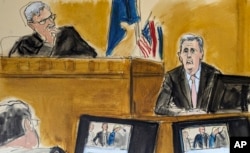 In this courtroom sketch, Michael Cohen, right, testifies on the witness stand with Judge Juan Merchan presiding in Manhattan criminal court, May 20, 2024, in New York.