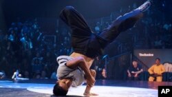 FILE - Victor Montalvo, also known as B-Boy Victor, of the United States, competes in the B-boy Red Bull BC One World Final at Hammerstein Ballroom, Nov. 12, 2022, in New York.