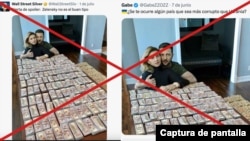 Capturas de publicaciones en X donde aparece una fotografía manipulada de Zelenskyy y su esposa junto a una mesa repleta de fajos con billetes de 100 dólares.