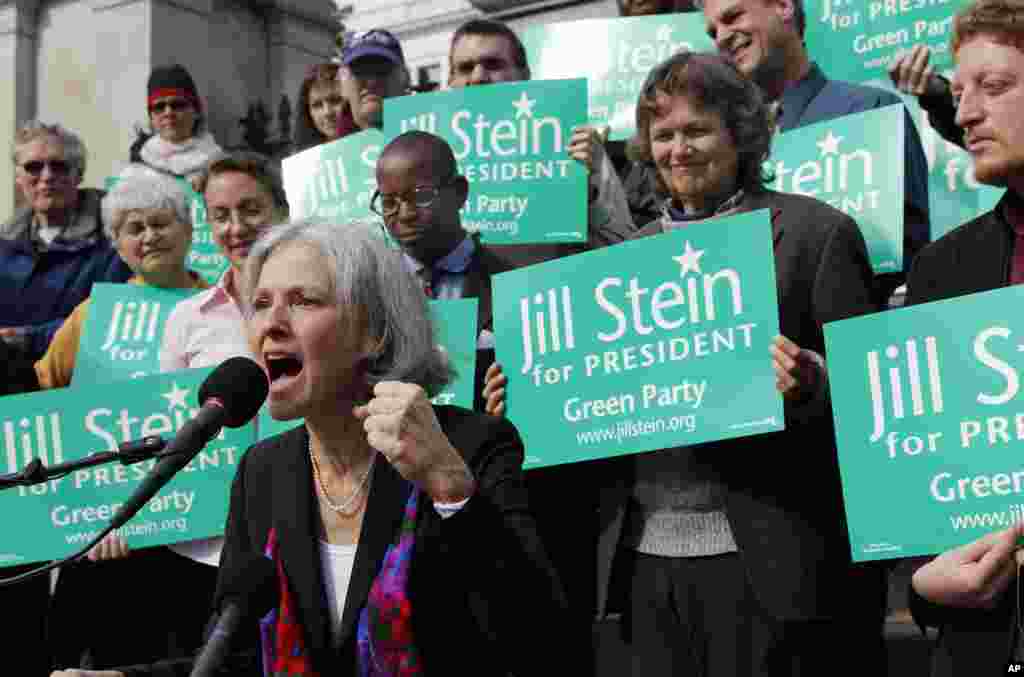 También en 2016,&nbsp;Jill Stein, del Partido Verde, alcanzó unos 1,4 millones de votos, aumentando a la división política del momento. Stein no logró ningún voto del Colegio Electoral.