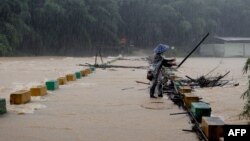 A villager clears tree branches stuck on a bridge in the rain at a flooded area in Liuzhou, in southwestern China's Guangxi province, June 13, 2024.