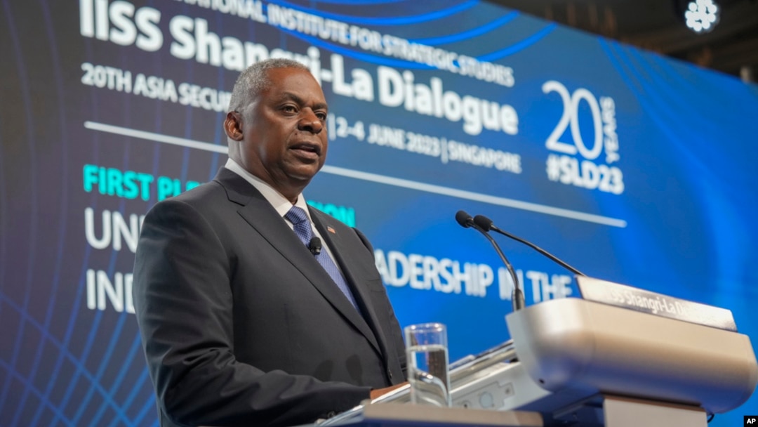 US Secretary of Defense Lloyd Austin speaks at the 20th International Institute for Strategic Studies Shangri-La Dialogue, Asia's annual defense and security forum, in Singapore, June 3, 2023.