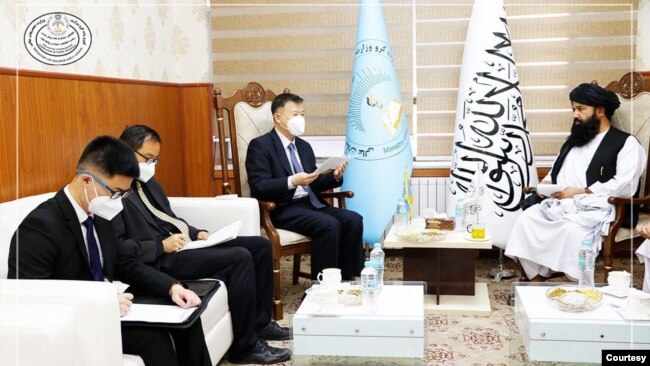 Wang Yu, Chinese ambassador to Afghanistan, meets with the Taliban's minister of higher education, Nida Mohammad Nadem, in Kabul on May 22, 2023. (Photo courtesty Afghanistan Ministry of Higher Education)