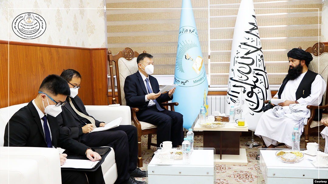 Wang Yu, Chinese ambassador to Afghanistan, meets with the Taliban's minister of higher education, Nida Mohammad Nadem, in Kabul on May 22, 2023. (Photo via Afghanistan Ministry of Higher Education)