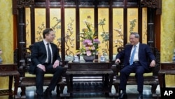 FILE - In this photo released by Xinhua News Agency, visiting Tesla founder and CEO Elon Musk, left, meets with Chinese Premier Li Qiang in Beijing, April 28, 2024.