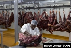 Seorang tukang daging memotong daging buruanyang digantung di rumah potong hewan di Bela Bela, pada 22 April 2024. (Foto: AFP/Marco Longari)