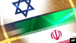 Israel and Iran flags, on texture with radiation symbol, partial graphic