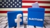 A 3D printed elections box and Facebook logo are placed on a keyboard in front of U.S. flag in this illustration.