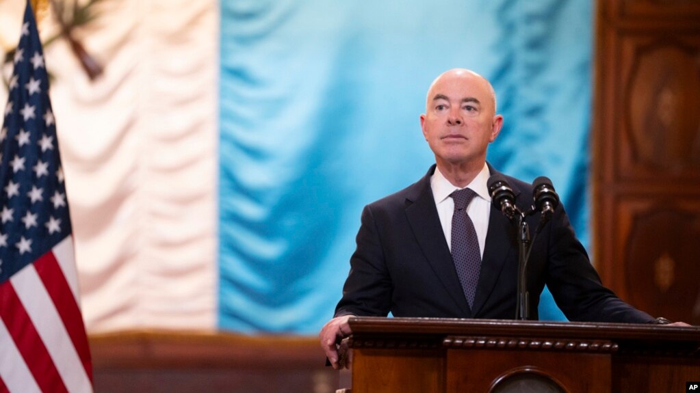 FILE - U.S. Homeland Security Secretary Alejandro Mayorkas takes part in a news conference at the National Palace in Guatemala City, March 21, 2024.