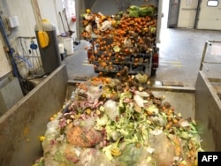 Sebuah truk Moulinot (perusahaan yang khusus mengumpulkan dan mendaur ulang limbah hayati), mengeluarkan limbah buah-buahan dan kacang-kacangan yang diangkutnya, di pusat penampungan sampah perusahaannya, di Stains, Perancis, 19 November 2021. (Foto oleh Eric PIERMONT / AFP)