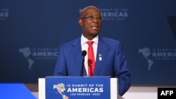 FILE - Keith Rowley, Trinidad and Tobago's prime minister, speaks at the 9th Summit of the Americas in Los Angeles, June 10, 2022. 