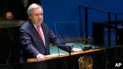 U.N. Secretary-General Antonio Guterres addresses the 11th emergency special session of the General Assembly, Feb. 22, 2023, at U.N. headquarters.