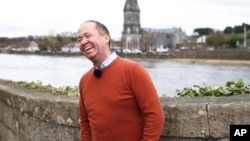 Joe Blewitt, a cousin of President Joe Biden laughs as he speaks to the media in his home town of Ballina, Ireland, April, 4, 2023.
