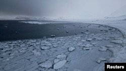 Ice floes are seen in Kongsfjord, near Ny-Aalesund, April 6, 2023.