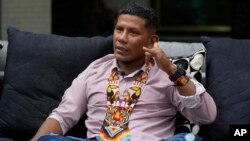 FILE - Manuel Ranoque, the father of two of the youngest Indigenous children who survived an Amazon plane crash, gives an interview in Bogota, Colombia, June 14, 2023. 