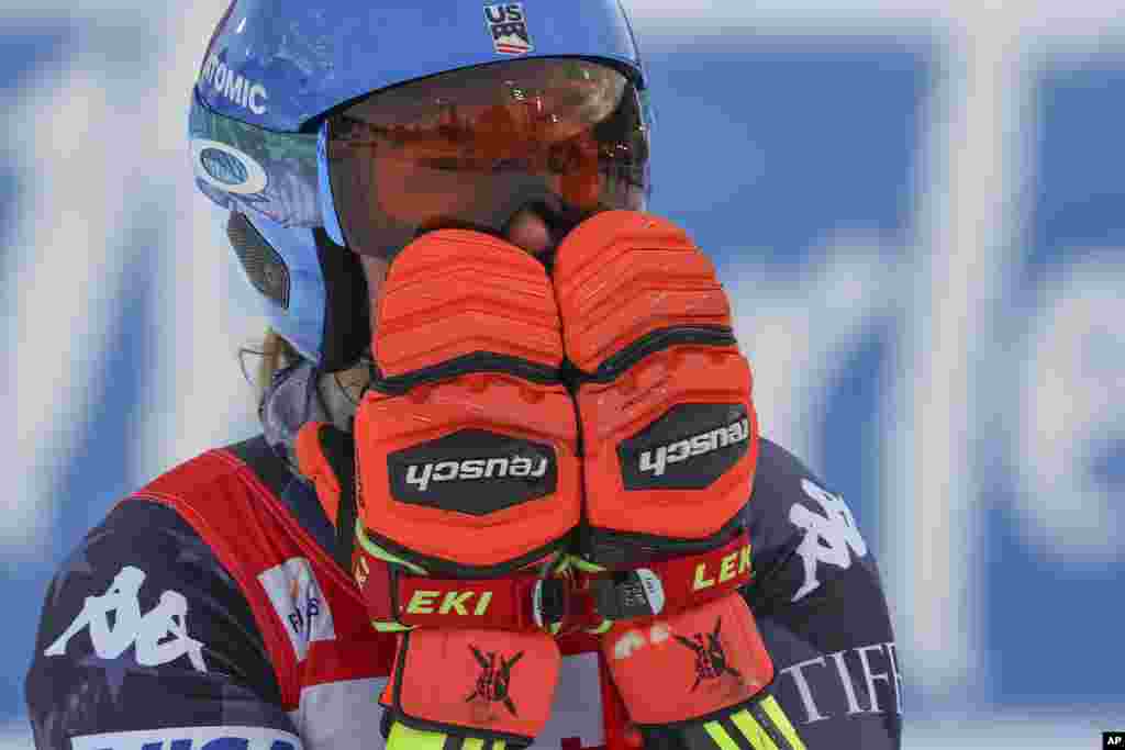 United States&#39; Mikaela Shiffrin checks her time at the finish area of an alpine ski, women&#39;s World Cup giant slalom race, in Are, Sweden.&nbsp;Shiffrin won her record-tying 86th World Cup race with victory in a giant slalom, matching the overall record set by Swedish great Ingemar Stenmark 34 years ago.&nbsp;