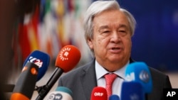 FILE - United Nations Secretary General Antonio Guterres speaks with the media in Brussels, March 21, 2024.