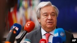 FILE - United Nations Secretary General Antonio Guterres speaks with the media in Brussels, March 21, 2024.