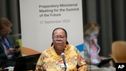 FILE - South African Minister of International Relations and Cooperation Naledi Pandor speaks during an event at United Nations headquarters in New York, Sept. 21, 2023.