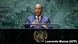Primeiro-ministro de São Tomé e Príncipe, Patrice Emery Trovoada, discursa na 78.ª Assembleia Geral das Nações Unidas, na sede da ONU, em Nova Iorque, a 20 de setembro de 2023. (Leonardo Munoz / AFP)