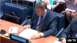 23일 뉴욕 유엔본부에서 열린 유엔총회 1위원회 회의에서 안드레이 벨루소프 러시아 대표단 부단장이 발언하고 있다.