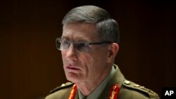 Kepala Pasukan Pertahanan Australia (ADF) Jenderal Angus Campbell di Gedung Parlemen di Canberra, Selasa, 30 Mei 2023. (Lukas Coch/AAP melalui AP)