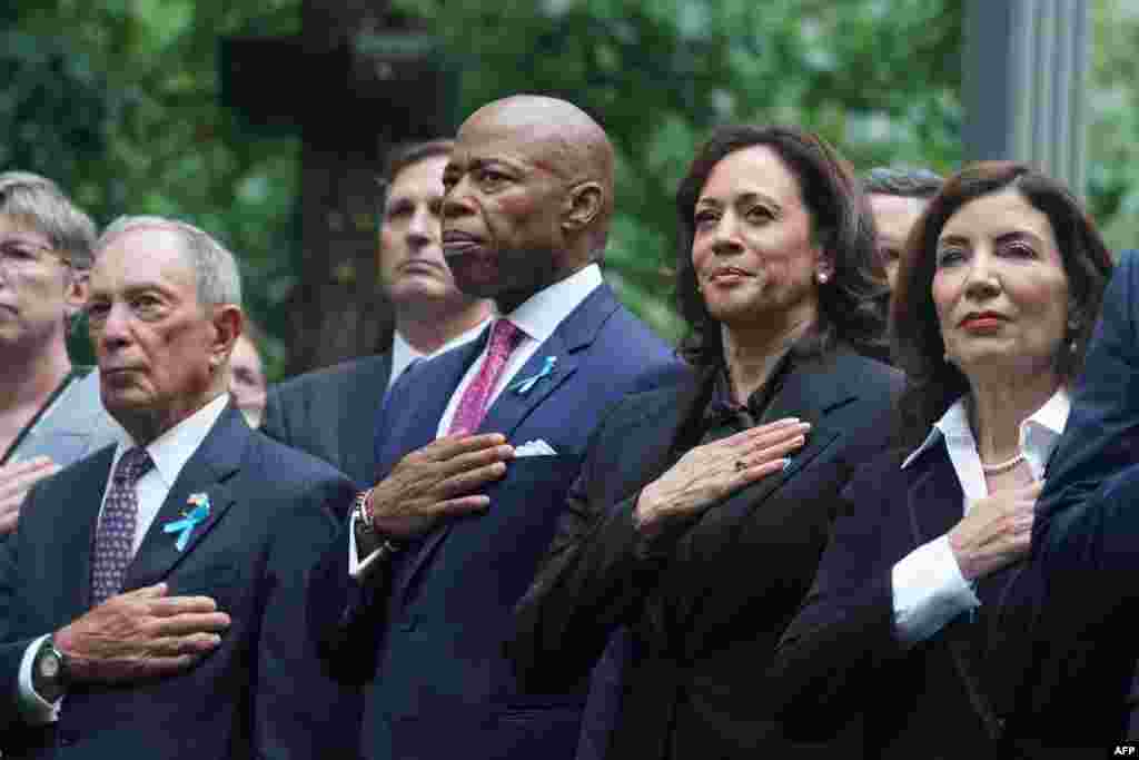 Former New York City Mayor Michael Bloomberg, New York City Mayor Eric Adams, U.S. Vice President Kamala Harris, and New York Governor Kathy Hochul attend a remembrance ceremony on the 22nd anniversary of the terror attack on the World Trade Center, in New York City.