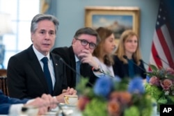 U.S. Secretary of State Antony Blinken speaks during a meeting with EU foreign affairs chief Josep Borrell at the State Department in Washington, March 13, 2025.