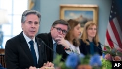 U.S. Secretary of State Antony Blinken speaks during a meeting with EU foreign affairs chief Josep Borrell at the State Department in Washington, March 13, 2025.