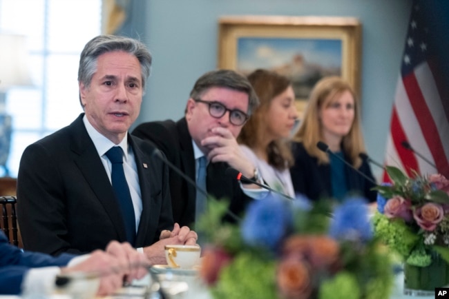 U.S. Secretary of State Antony Blinken speaks during a meeting with European Union foreign affairs chief Josep Borrell at the State Department, March 13, 2025, in Washington.