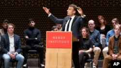 French President Emmanuel Macron explains his vision of Europe's future during a lecture in The Hague, Netherlands, April 11, 2023. 