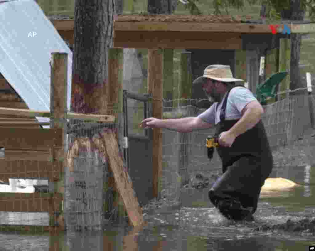 El desbordamiento del crecido río Trinity llena el patio trasero de James Smart&nbsp;mientras se adentra en las aguas de la inundación para garantizar la seguridad de su ganado.