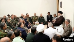 Iran's Supreme Leader Ayatollah Ali Khamenei speaks during a meeting with the commanders of the Iranian armed forces in Tehran, Iran April 21, 2024. Office of the Iranian Supreme Leader (West Asia News Agency/Handout via Reuters) 