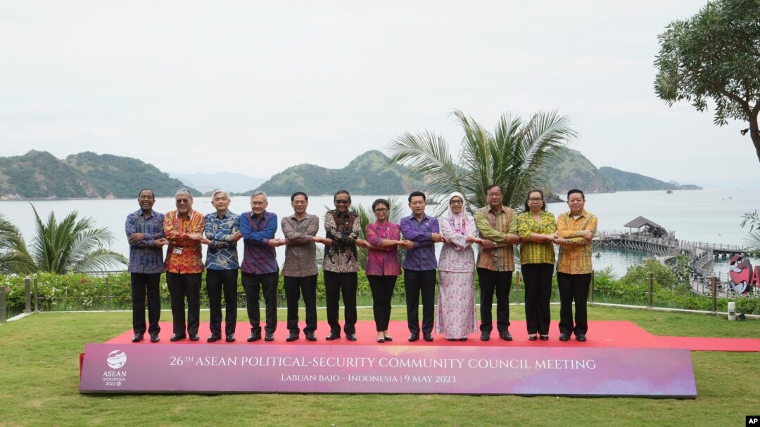 Top diplomats from ASEAN pose for a photo during the Association of Southeast Asian Nations political security community council meeting in Labuan Bajo, East Nusa Tenggara, Indonesia, May 9, 2023.