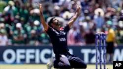 Saurabh Nethralvakar celebrates after the U.S. win in the ICC Men's T20 World Cup cricket match against Pakistan at the Grand Prairie Stadium in suburban Dallas, Texas, June 6, 2024.