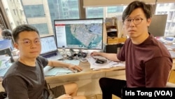 本土研究社成員陳劍青(右)及黃肇鴻表示，他們研究國際間13個類似香港交椅洲人工島面積、超過1千公頃的大型填海工程，當中接近8成”爛尾“。(美國之音 / 湯惠芸)