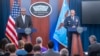 Secretary of Defense Lloyd Austin, left, speaks during a press briefing with Chairman of the Joint Chiefs of Staff Air Force General CQ Brown Jr. at the Pentagon, July 25, 2024, in Washington.