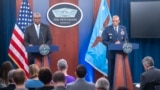 Secretary of Defense Lloyd Austin, left, speaks during a press briefing with Chairman of the Joint Chiefs of Staff Air Force Gen. Charles Q. Brown Jr., at the Pentagon, July 25, 2024 in Washington.