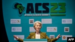 European Commission President Ursula von Der Leyen delivers her remarks during the Africa Climate Summit 2023 at the Kenyatta International Convention Centre (KICC) in Nairobi on September 5, 2023.