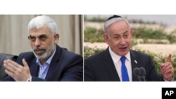 In this combination image, Hamas' leader in Gaza, Yahya Sinwar, speaks on April 13, 2022, in Gaza City, left, and Israeli Prime Minister Benjamin Netanyahu speaks on June 18, 2024, in Tel Aviv. 